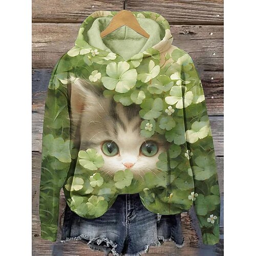 Sankt Patrick Damen Pullover Hoodie Sweatshirt Grafisches Tier Katze Casual Langarm V-Ausschnitt Kapuze Reguläre Tops Casual Party Abendbekleidung Street Grasgrün Dunkelgrün Grün Frühling Herbst Image