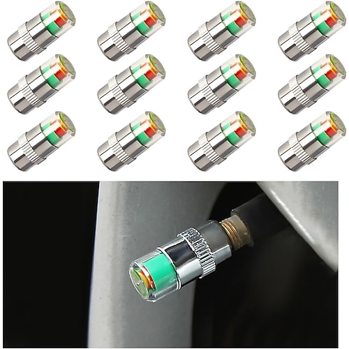 12 Stück Ventilkappen mit Reifendruckanzeige, 3-farbige Warnleuchte, Sensoranzeige, 2,4 bar (36 psi) Reifendruckmesser, für Pkw, SUVs, Lkw, Motorräder und Fahrräder Image