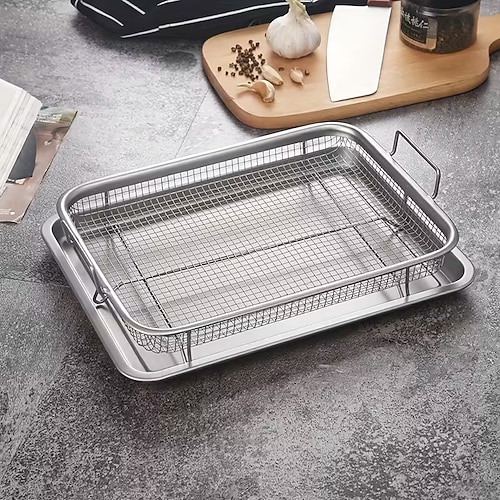 2-teiliges Set (1 Grillrost 1 Ölauffangschale), quadratischer Grillkorb, Backofen-Backform, Edelstahl-Backform, Zubehör für Heißluftfritteusen, Backform, Outdoor-Backform, Grillrost Image