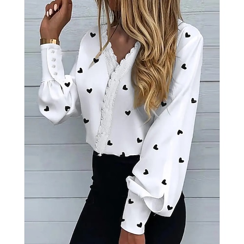 Damen Bluse Spitze Druck Blumen Grafik Stilvoll Lässig Langarm V Ausschnitt Normale Oberteile Täglich Schwarz Weiß Rosa Frühling Herbst Image
