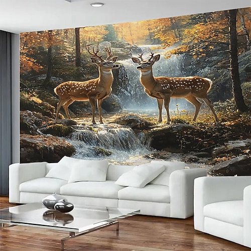 Großer Wandteppich mit herbstlichem Waldmotiv und Hirschmotiv, ideal als Hintergrund für Fotografien, Decke oder Vorhang zur Dekoration von Schlafzimmer oder Wohnzimmer. Image