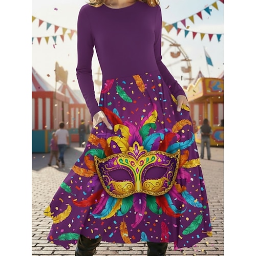 Damen Midikleid Freizeitkleid Schwingkleid Elegant Mode Täglich Outdoor Wochenende Normale Passform Grafik Langarm Rundhalsausschnitt Violett Purpur Fuchsie Lila Frühling Herbst Winter Image