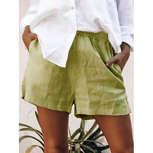 Damen Shorts aus Baumwollleinen Sommershorts Strandshorts Baggy-Shorts Urlaub Basic Lässig Kurz Hohe Taille Einfach Tasche Elastischer Bund Komfort Schnelltrocknend Weich Dehnbar Strand Ferien Blau Image