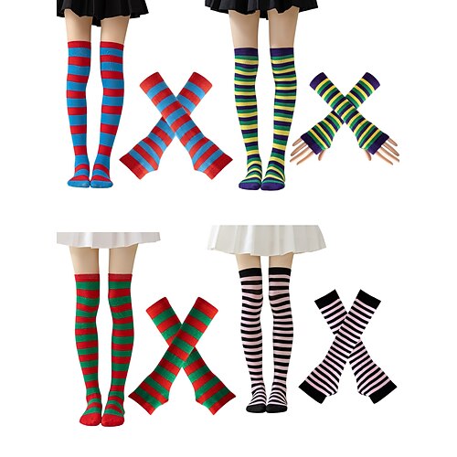 Socken für Damen zum St. Patrick's Day Armstulpen-Set, 4-teilig, grün Schwarz gestreifte Kniestrümpfe mit passenden fingerlosen Handschuhen, lustige Accessoires für irische Festivalkostüme für Damen Image