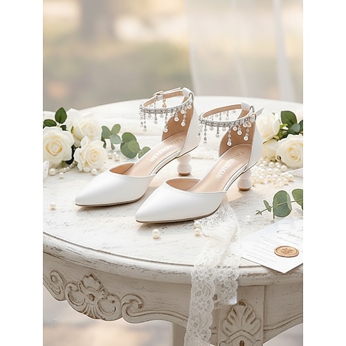 Damen Abschlussball Hochzeit Strass Perlenstickerei Niedriger Absatz Spitze Zehe Mode Niedlich Komfort PU Schnalle Weiß Image