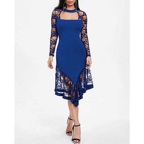 Damen Midikleid schwarzes kleid Spitzenkleid Abschlussballkleid Partykleid Elegant Mode Modern Abendgesellschaft Party Besonderer Anlass Normale Passform Einfach Langarm Rundhalsausschnitt Blau Image