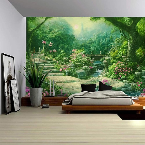Großflächiger Wandteppich mit naturgetreuer Pflanzenlandschaft als Fotohintergrund, Decke oder Vorhang für die Dekoration von Schlafzimmer oder Wohnzimmer. Image