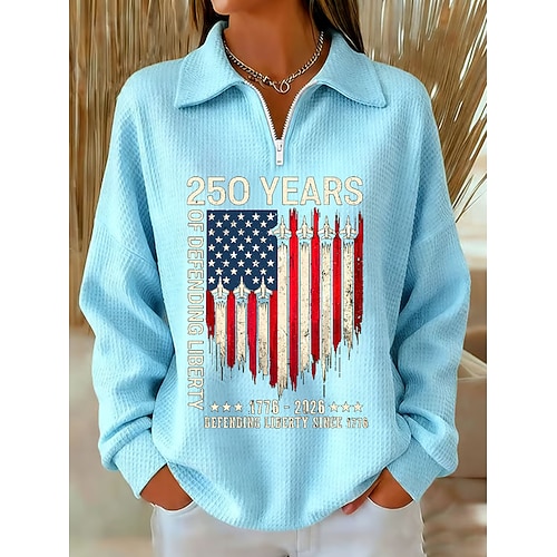 Unabhängigkeitstag Amerikanischer 250. Jahrestag Patriotischer Damen Pullover Sweatshirt Graphic Letter Lässiger Druck Langarm Halbzip Lässige Freizeit Sports Blau Schwarz Pink Rot Grün Frühling