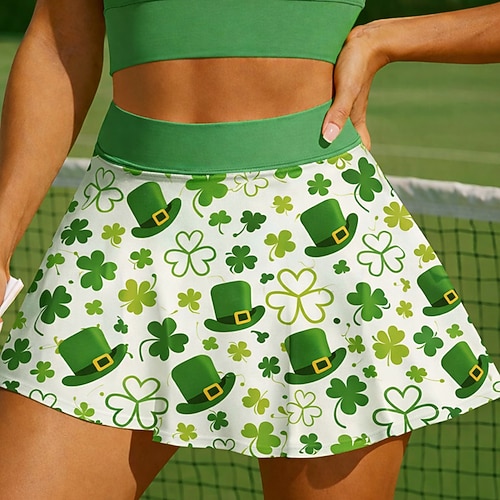 St. Patrick Damen Kleeblatt Lässiger Rock Tennisröcke Stilvoll Drucken UV Schutz Elastisch Tennis Pickleball Laufen Unterteile Grün Tennisbekleidung Image