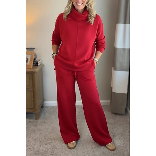 Damen Hosen-Sets Bolero-Oberteil Langarm Rollkragen Einfarbig Einfach Mode Streetwear Lässig Täglich Outdoor Blau Schwarz Weiß Herbst Lässiger Schnitt Image