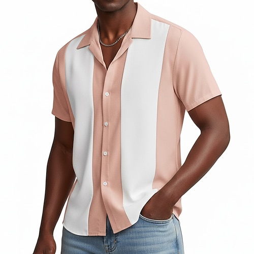 Herren Hemd Blau Schwarz Rosa Grün Kurzarm Farbblock Vertikale Streifen Camp-Kragen Lässig Stickerei Bekleidung Elegant Urlaub Vintage Täglich Image