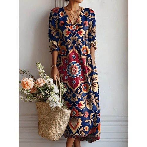 Ostern Damen Midikleid Sommerkleid A Linie Kleid Urlaub Lässig Boho Ferien Normale Passform Blumen Grafik Farbblock Langarm V Ausschnitt Marineblau Rote Violett Sommer Frühling Image