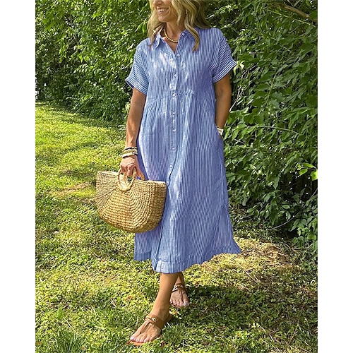 Damen Midikleid Baumwoll-Leinen-Kleider Hemdblusenkleid Weißes Kleid Elegantes Kleid Elegant Vintage Mode Täglich Outdoor Urlaub Lässiger Schnitt Einfach Gestreift Kurzarm Hemdkragen Blau Weiß Rote Image