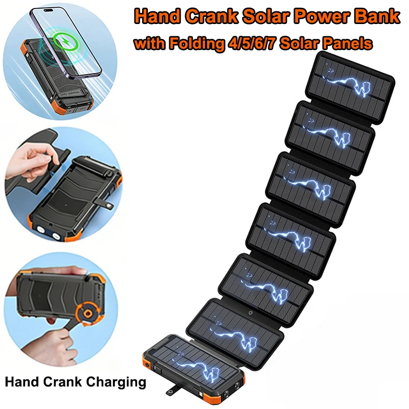 20000 mAh Handkurbel-Solar-Powerbank mit faltbarem 6 Solarpanel, kabelloses Ladegerät, Powerbank für iPhone 17 Xiaomi Samsung Huawei Image