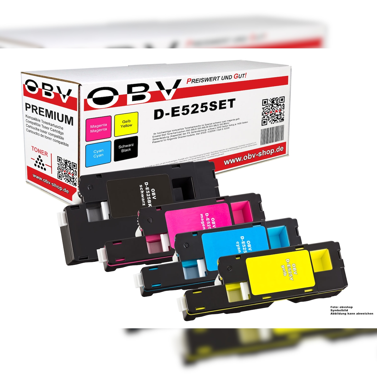 OBV Toner Set 1x Schwarz 1x Cyan 1x Magenta 1x Gelb kompatibel zu Dell E 525 w - Ersetzt 593-BBLN 593-BBLL 593-BBLZ 593-BBLV - 2000/1400 Seiten Image