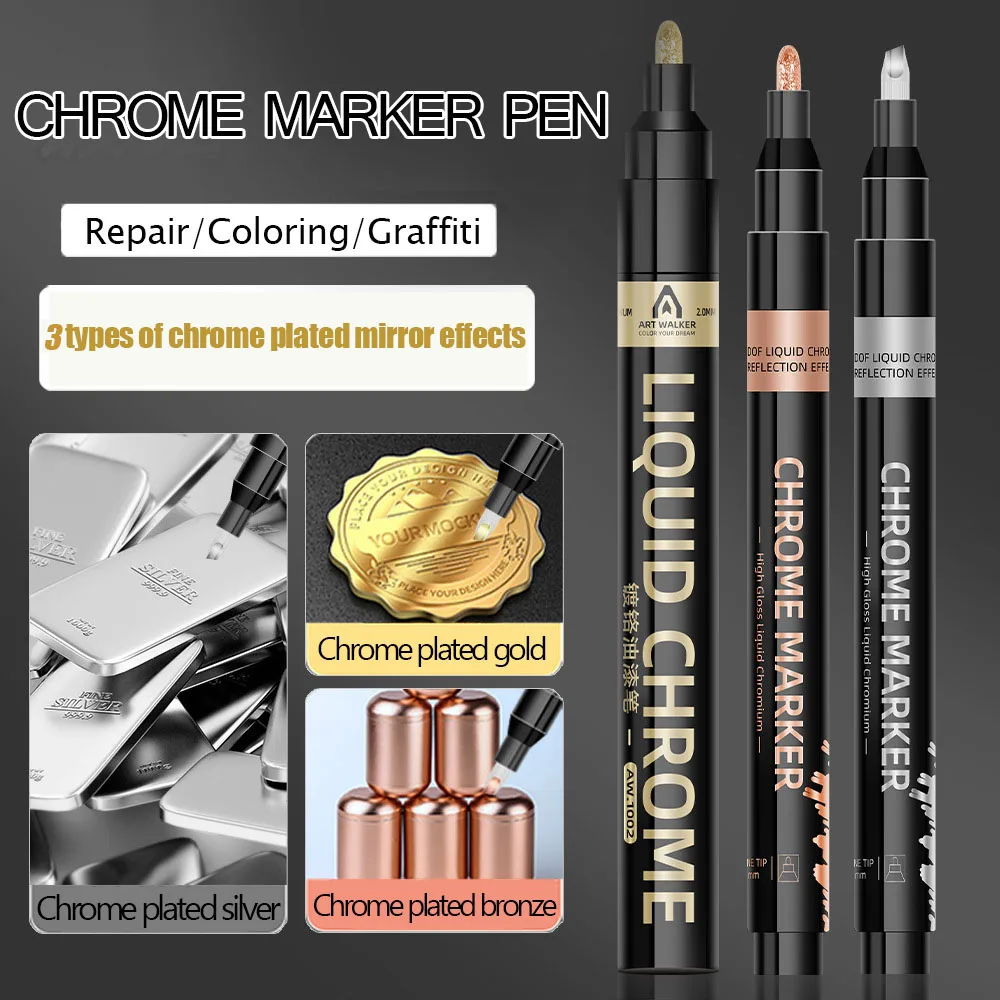 Chrom Spiegel Marker Stift 0,7/1/2mm DIY Reflektierende Kunst Farbe Stift Permanent Farbe Marker Gold Silber bronze Marker Auto Styling Image