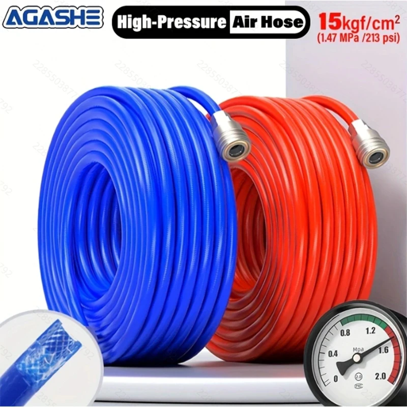 AGASHE Luftkompressorschlauch: Blau geflochten, 8 x 5 mm (0,3 Zoll Außendurchmesser), Längen 5 m/10 m/15 m/20 m/30 m (16-98 Fuß). Hochdruck-PU-Luftschlauch mit E Image