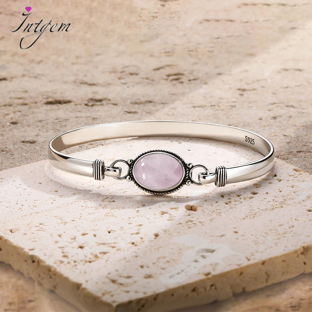 Vintage-Armreif aus 925er Silber, natürlicher Rosenquarz, handgefertigt, oval, 10 x 14 mm, rosa Naturstein-Armbänder, Geschenke, edler Schmuck für Frauen