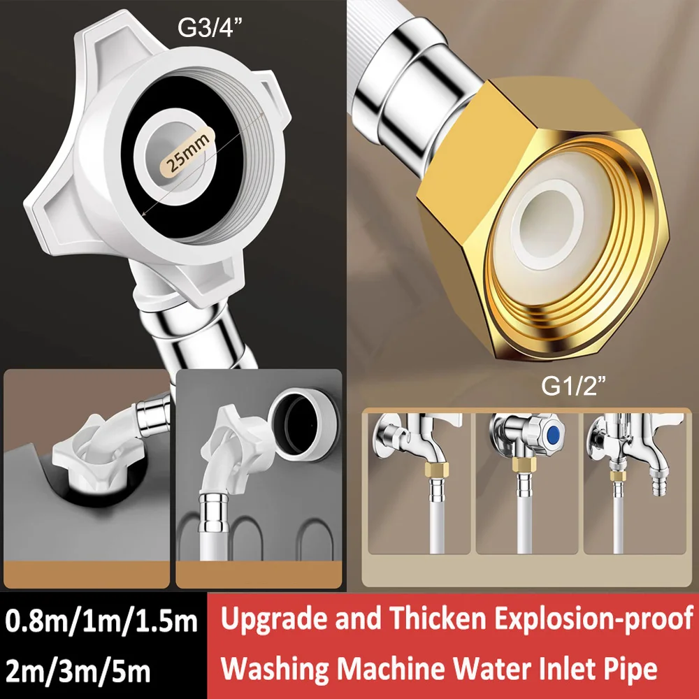 80/100/150/200/300/500cm Long Explosion-Proof Washing Machine Hose G1/2-G3/4 Inch Water Inlet Flexible Pipe Bathroom Plumbing