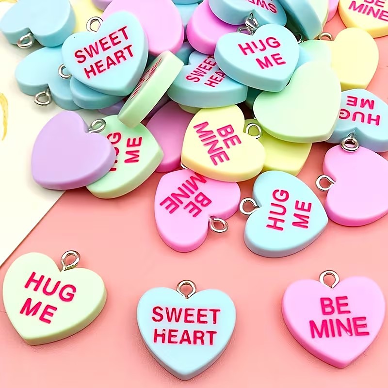 20PCS Valentine's Day Candy Heart Resin Charms, Colorful BE MINE HUG ME Pendants for DIY Bracelets, Earrings and Keychains, Love Theme Jewelry Making Supplies