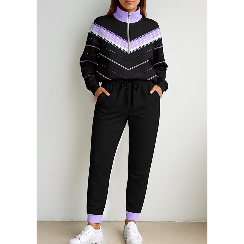 Women's Sweatshirt Tracksuit 2 Piece Tracksuit Baggy Geometric Clothing Suit Fall Winter Black Blue Vocation Outdoor Travel Lightweight Fashion Long Sleeve Sport Activewear Micro-elastic Regular Fit