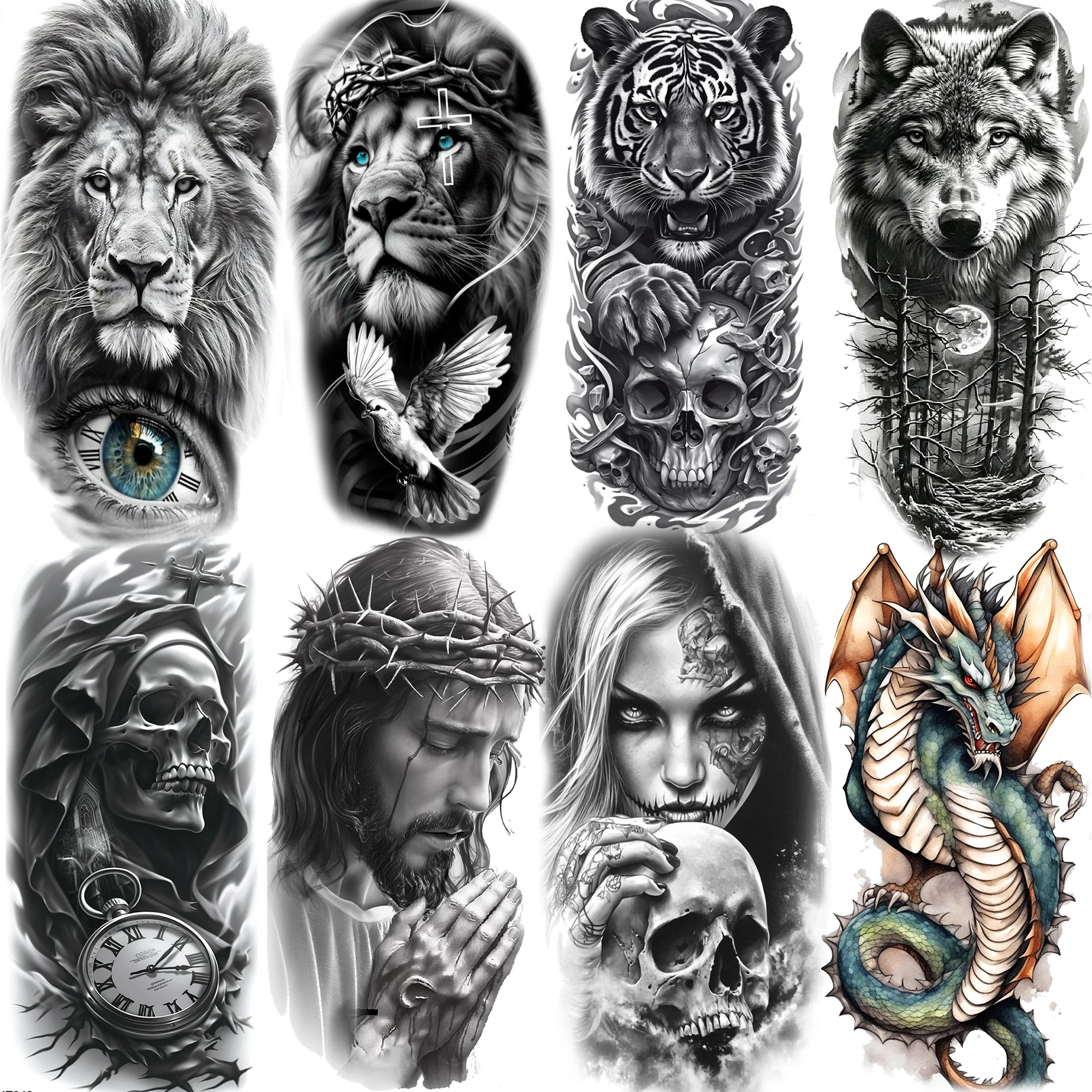 1Blatt Trigal Wolf Tiger Schädel Temporäre Tattoos Für Männer Frauen Arm Tattoos Wasserdicht Realistische Zeus Drache Gefälschte Tattoos Aufkleber Image