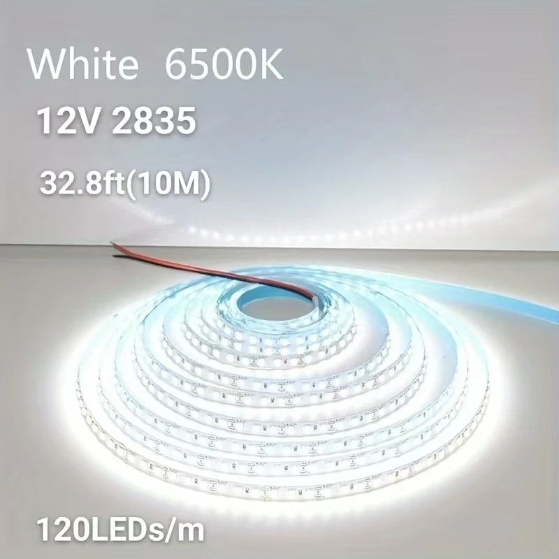 Bande LED 2835 12 V 8 mm de large, 32. 8 pieds (10 m) 6500 K lumière blanche froide/lumière neutre 1000 K/lumière blanche chaude 3000 K/lumière rouge/lumière bleue/bande LED rose, 120 LED/M, éclairage