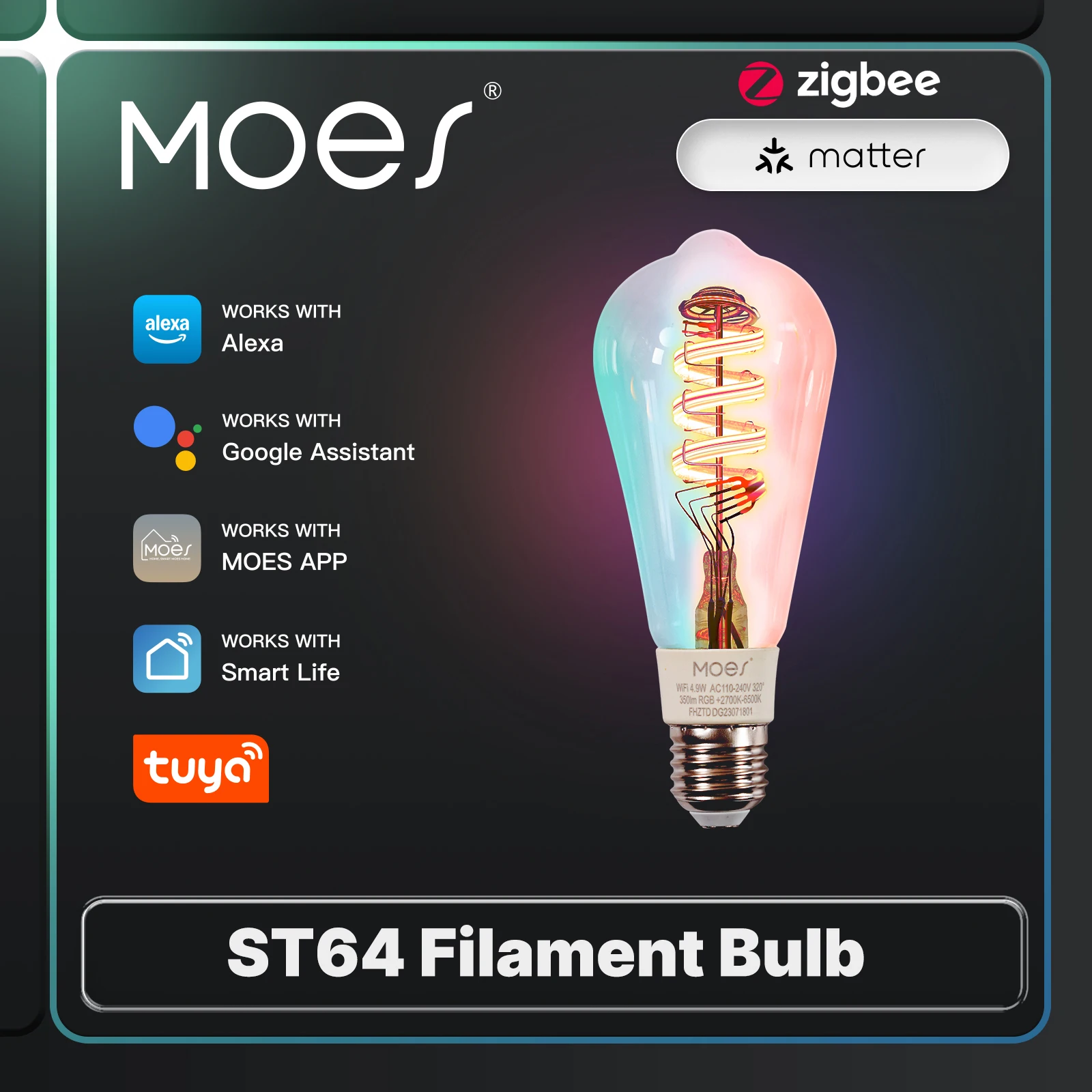 MOES Tuya Zigbee/Matter WiFi Smart ST64 LED-Birne, biologischer Rhythmus, RGB-Farben, Musikszenenmodus, intelligente Verknüpfung, drahtlose Steuerung Image