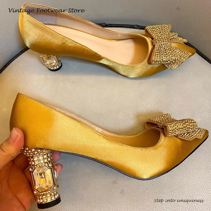 Vintage Kristall Schmetterling-knoten Pumps Gelb Spitz Kristall Runde High Heels Mode frauen Party Kleid Hochzeit Schuhe