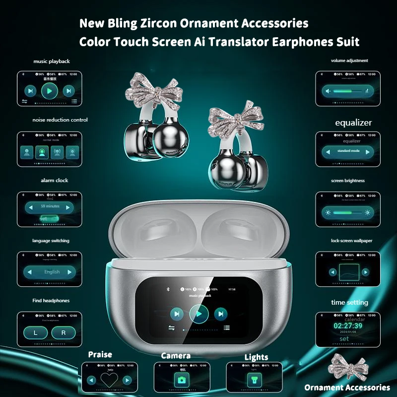 Neue Bling Zirkon Ornament Zubehör Farbe Touchscreen Ai Übersetzer Kopfhörer Anzug Drahtlose Hi-Fi Kopfhörer Ohr-Clip schmuck Image
