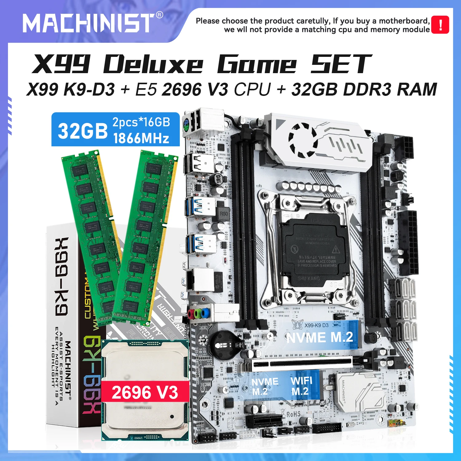 MACHINIST K9-D3 X99 Motherboard LGA 2011-3 optionales Kit Intel Xeon mit E5 2696 V3 Prozessor 32 GB DDR3 1866 MHz RAM M-ATX USB3.0 Image