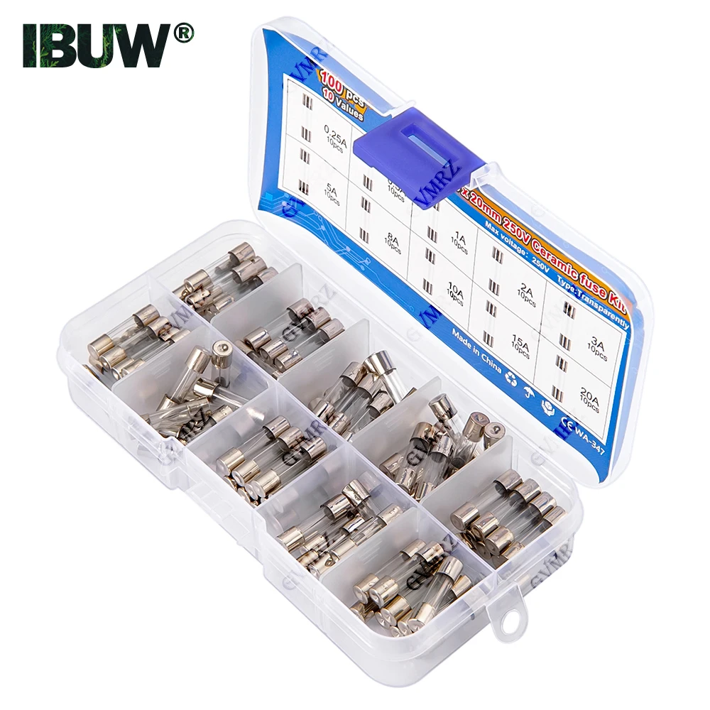 100 Stück 5 x 20 mm flinke Glasrohrsicherung, sortiertes Kit, Verstärker 0,25 A, 0,5 A, 1 A, 2 A, 3 A, 5 A, 8 A, 10 A, 15 A, 20 A, 250 V, mit Aufbewahrungsbox Image