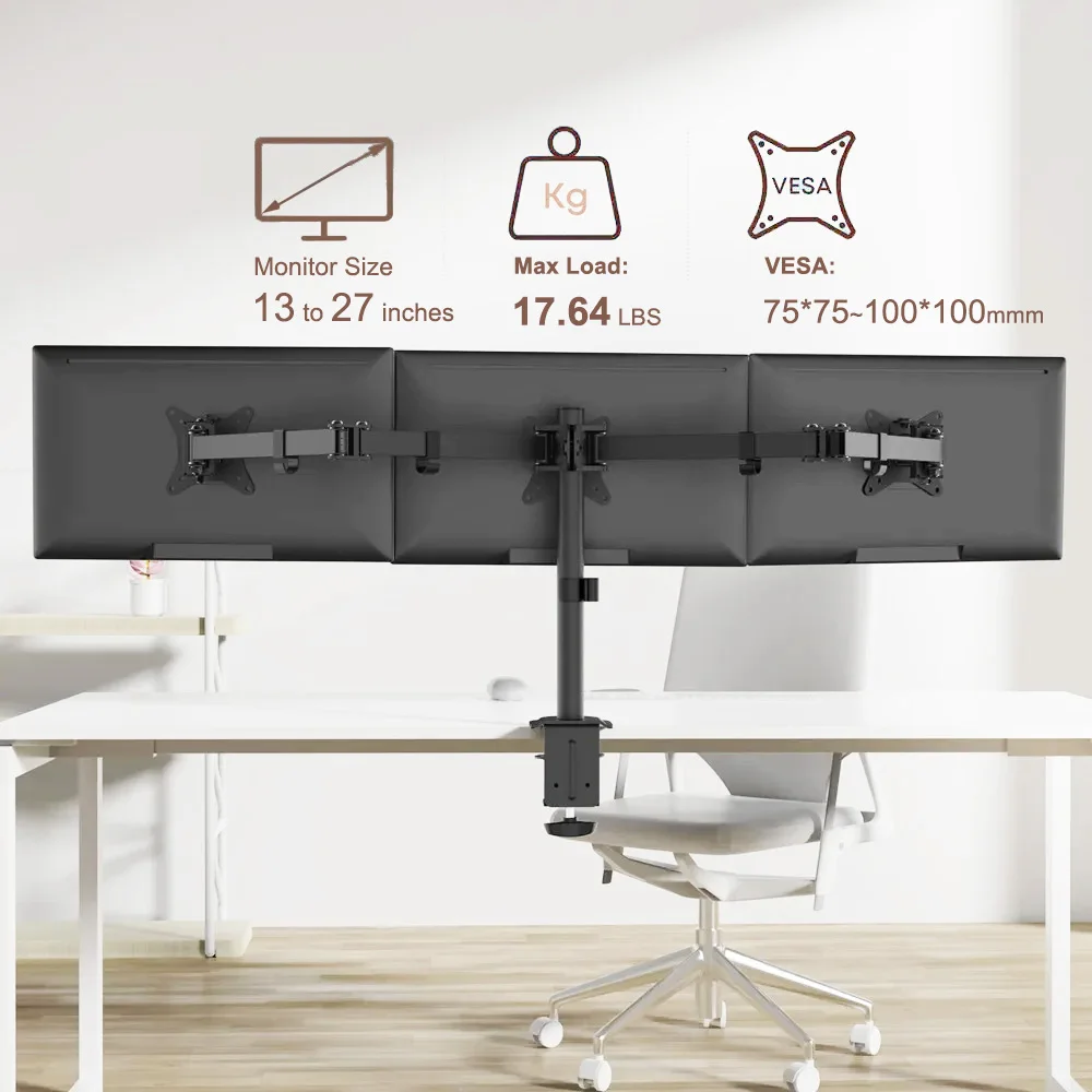 3-Monitor-Schreibtischhalterung für Computerscheiben, passend für 13-27 Zoll, fasst bis zu 17 Pfund, dreifacher Monitorarm, robuster Monitorständer, drehbar Image