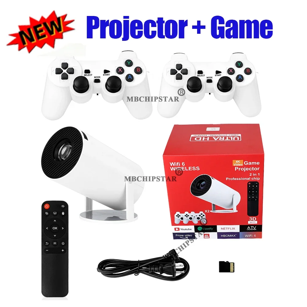 Projecteur de jeu H90PRO 4K, 19000 + jeux vidéo rétro 3D, contrôleur de jeu sans fil pour PS1/SEGA, Home cinéma Portable, double système
