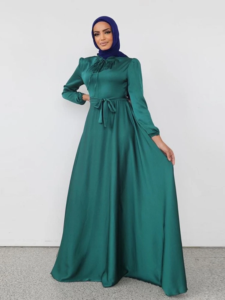 Ramadan Abaya Türkei Seidige Satin Kleider für Frauen Abaya Robe Longue De Soiree Femme Lange Muslimischen Kleid Vestido Longo Marokko Image