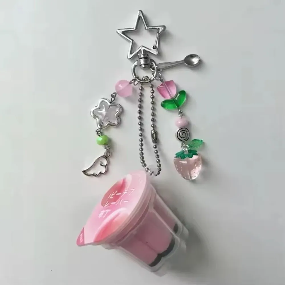 Rosa gelber japanischer Pudding-Schlüsselanhänger, Retro-Ästhetik, bunte Perlen, Perlen-Accessoire, Punk, Sterne, Mond, Sonne, Anhänger, Ei, Flan-Charm