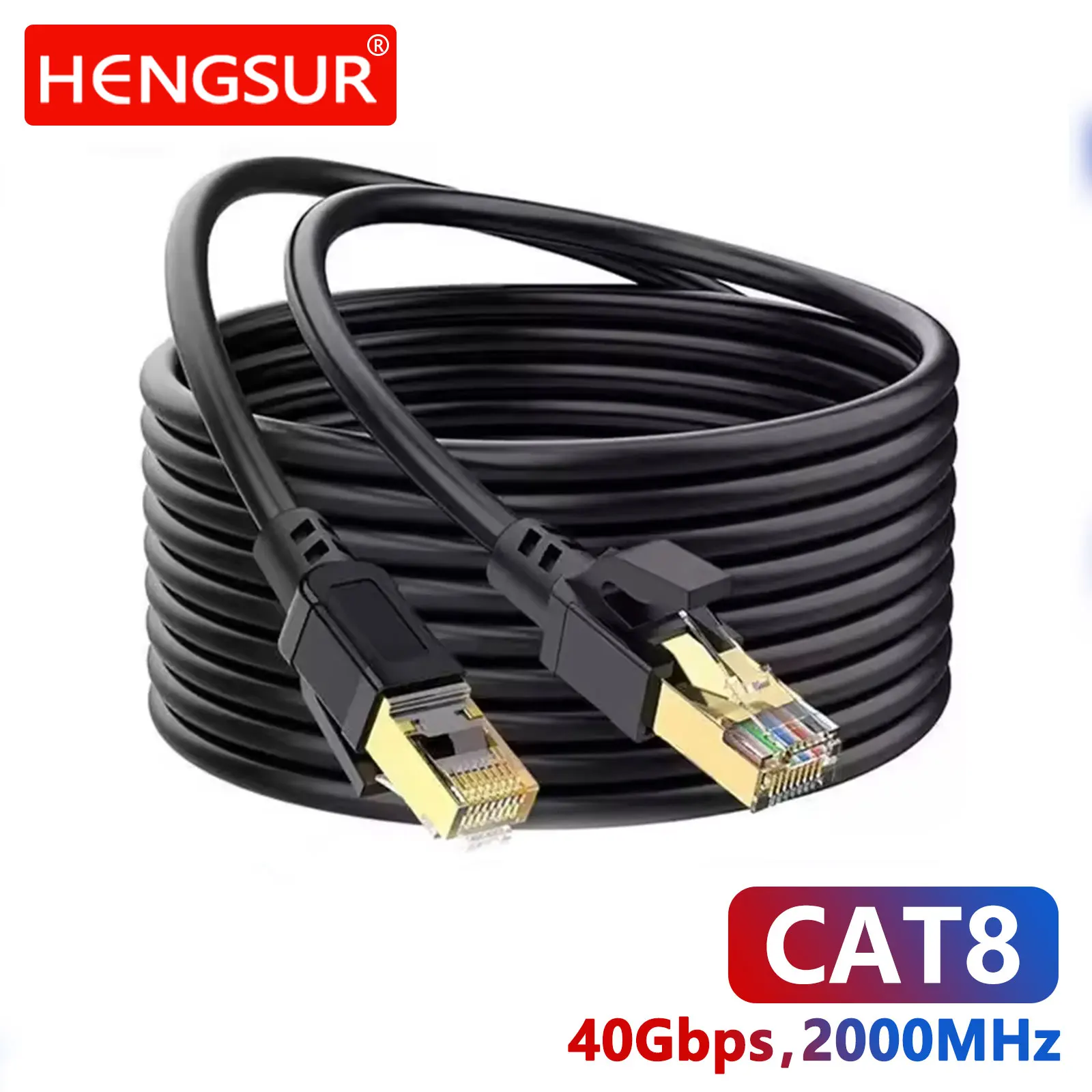 Cat 8-Ethernet-Kabel, 2,4 m, hohe Geschwindigkeit, 40 Gbit/s, 2000 MHz, 26 AWG, vergoldeter RJ45-Anschluss für wetterfeste Außen- und Innenräume, UV für/PC/Modem Image