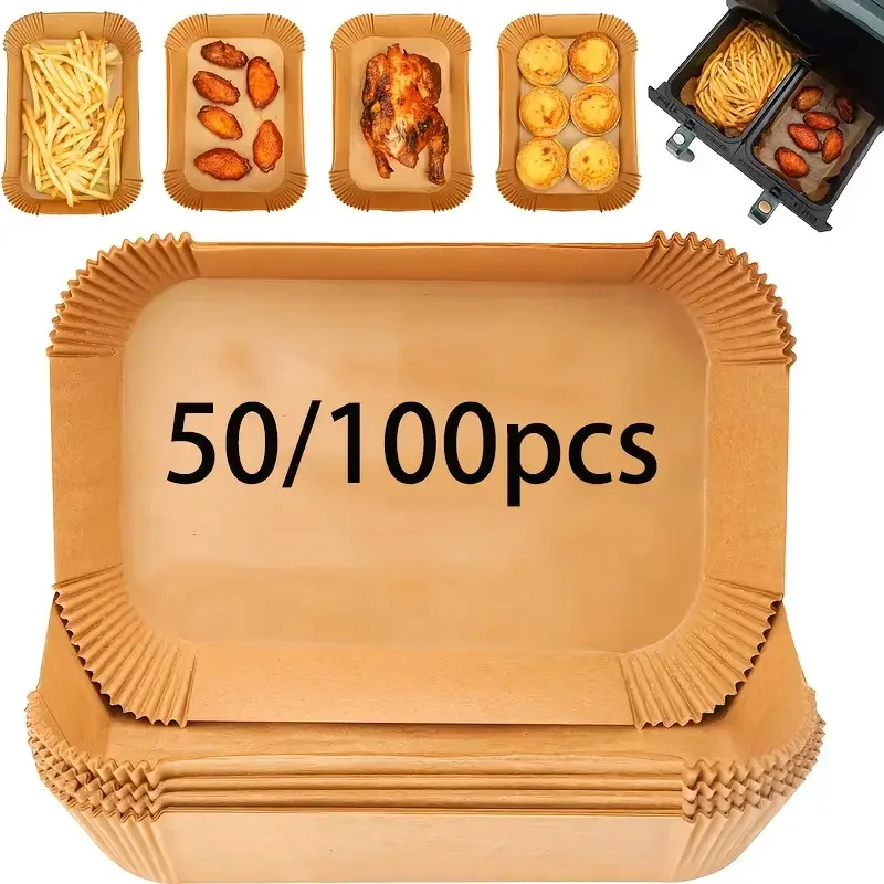 50/100 Stück rechteckige Luftfritteuse-Einlagen aus Papier, einfache Reinigung, gesundes Kochen, geeignet für Luftfritteuse-Töpfe Image