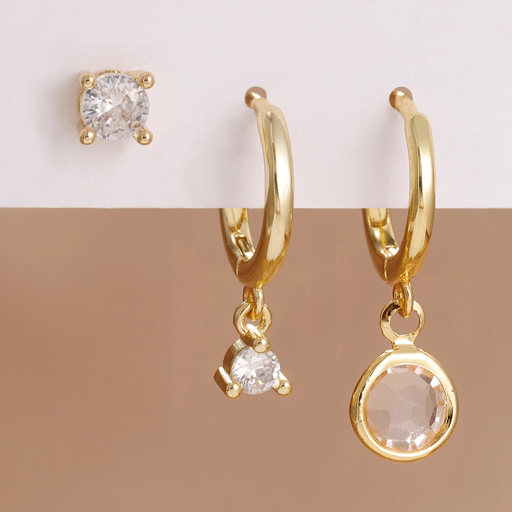 3PCS Exquisite Mode Einfache Runde Anhänger Kristall Tropfen Ohrringe Set Für Frauen Koreanische Zirkon Hängen Ohrring Piercing Schmuck Image