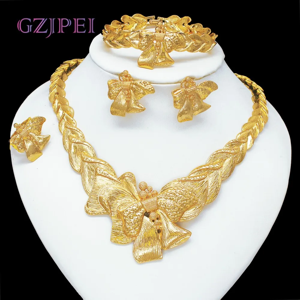 GZJPEI 18 Karat vergoldetes Schmuckset mit Schleife für Frauen, exquisites Weizen-Glieder-Handketten-Armband, Statement-Big-Choker-Halskette, 2025 neu Image