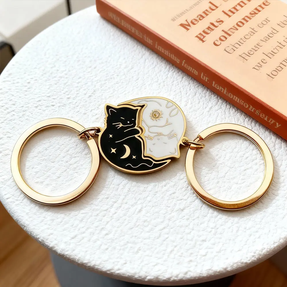 Passender Valentinstag-Schlüsselanhänger für Paare, schwarz-weiße Katze, kreativer Schlüsselanhänger aus Edelstahl für Freund, Freundin, Ehefrau, Ehemann, Geschenk Image