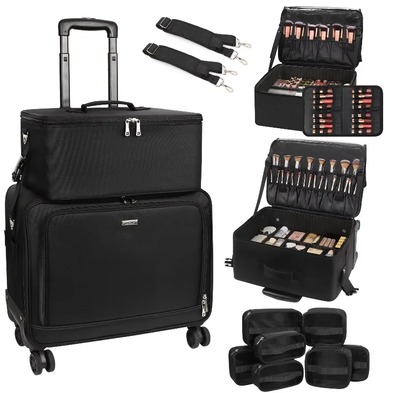 ReIaveI Borsa per trucco con rotelle Borse per truccatori professionali Custodia per cosmetici 2 in1 Trolley extra large con 360 ° Ruote girevoli