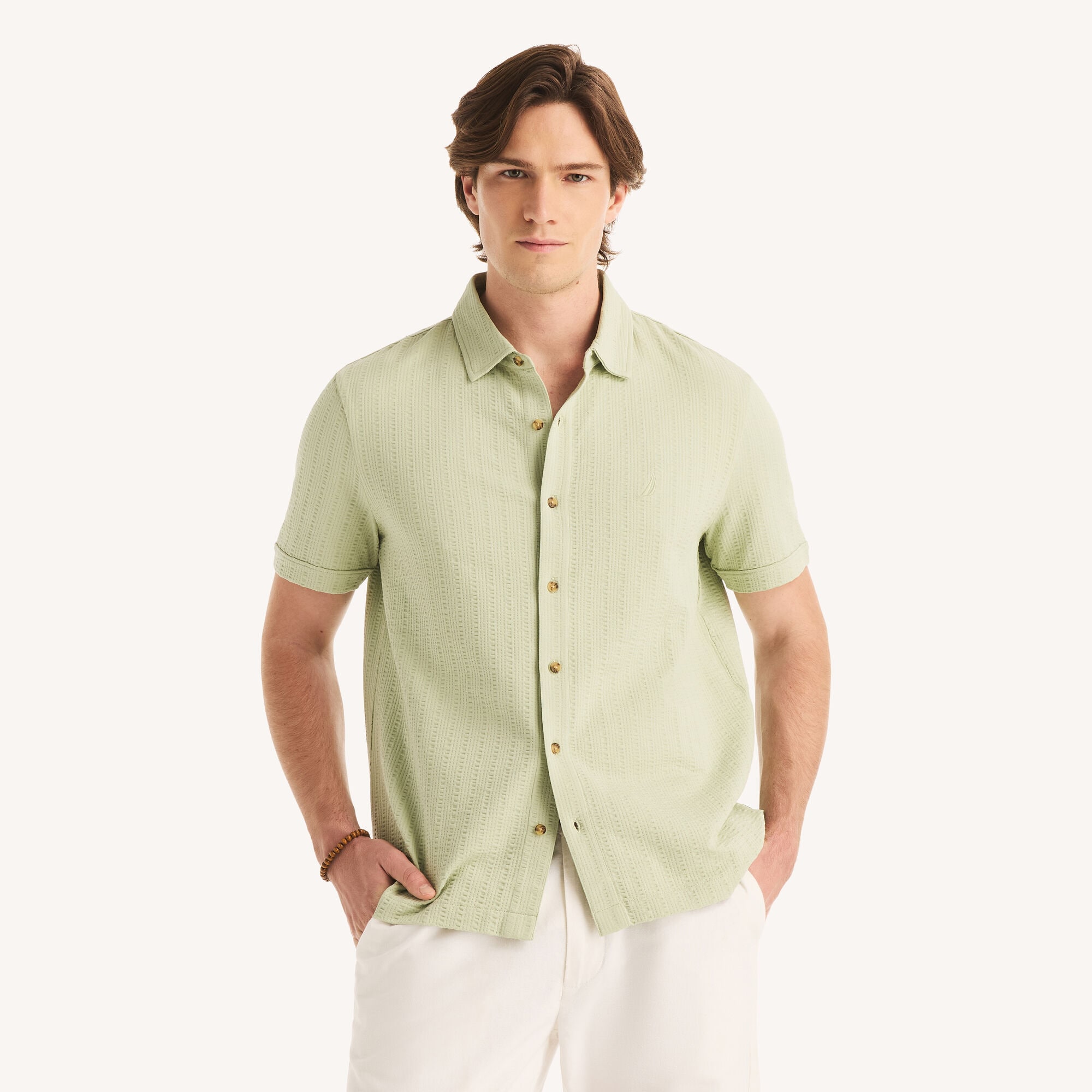 Nautica Men's Classic Fit Seersucker Button-Front Polo 350 (Bimini Green), M