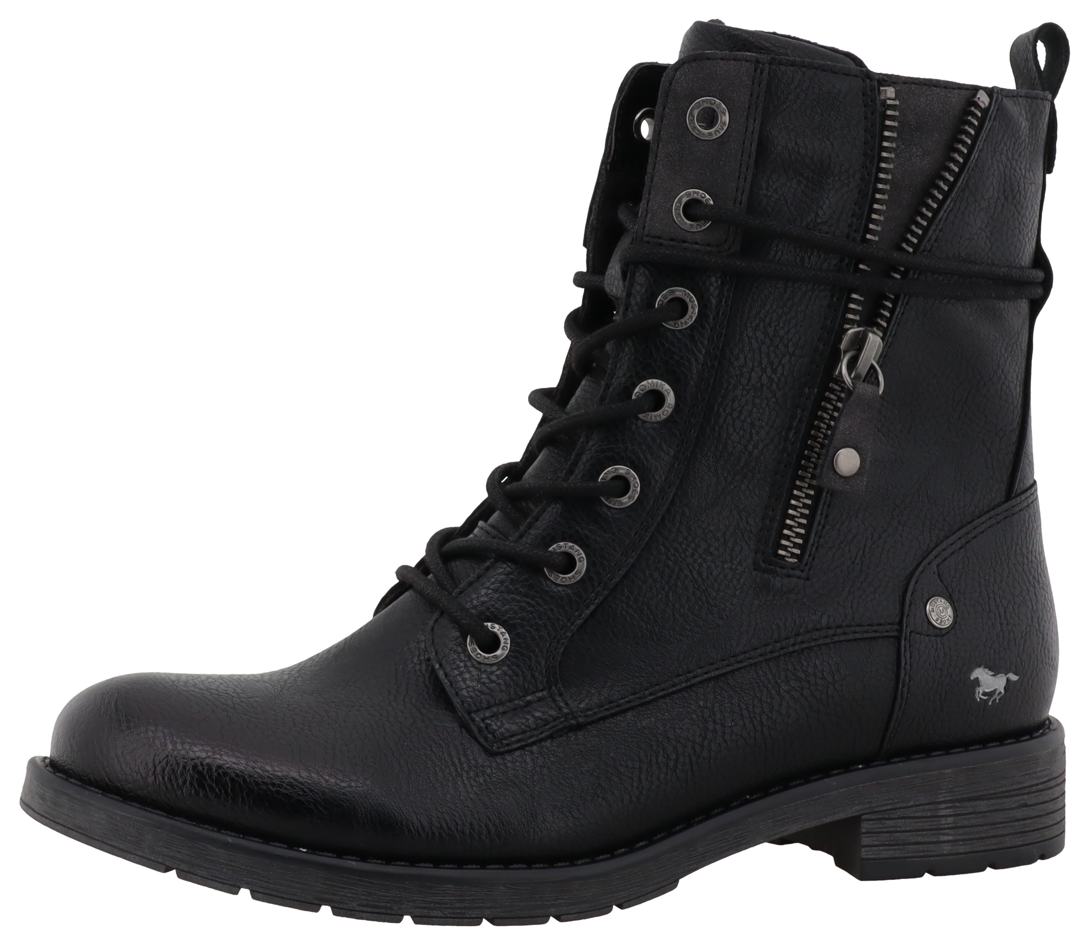 Winterstiefelette MUSTANG SHOES "Elfi", Damen, Gr. 36, schwarz, Lederimitat, Schuhe Winterstiefelette, Winterstiefel mit Reißverschluss und markanter Schnürung, Topseller
