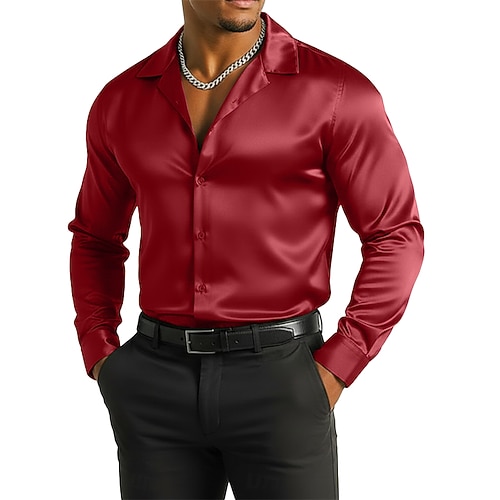 Homme Chemise Chemise en satin Chemise habillée Chemise Boutonnée Chemise de Bal Couleur Unie Bal de promo Mariage Noir Rouge Bleu Vert manche longue Col Rabattu Toutes saisons Vêtement Tenue Pur