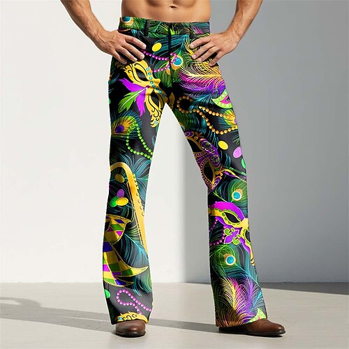 Mardi Gras Homme Carnaval Masque à plumes Fleur de lys Pantalons Pantalon Disco Pantalons pattes d'éléphant des années 60 et 70 Taille Moyenne Vintage Rétro Soirée Fête Poches Latérales Pantalon