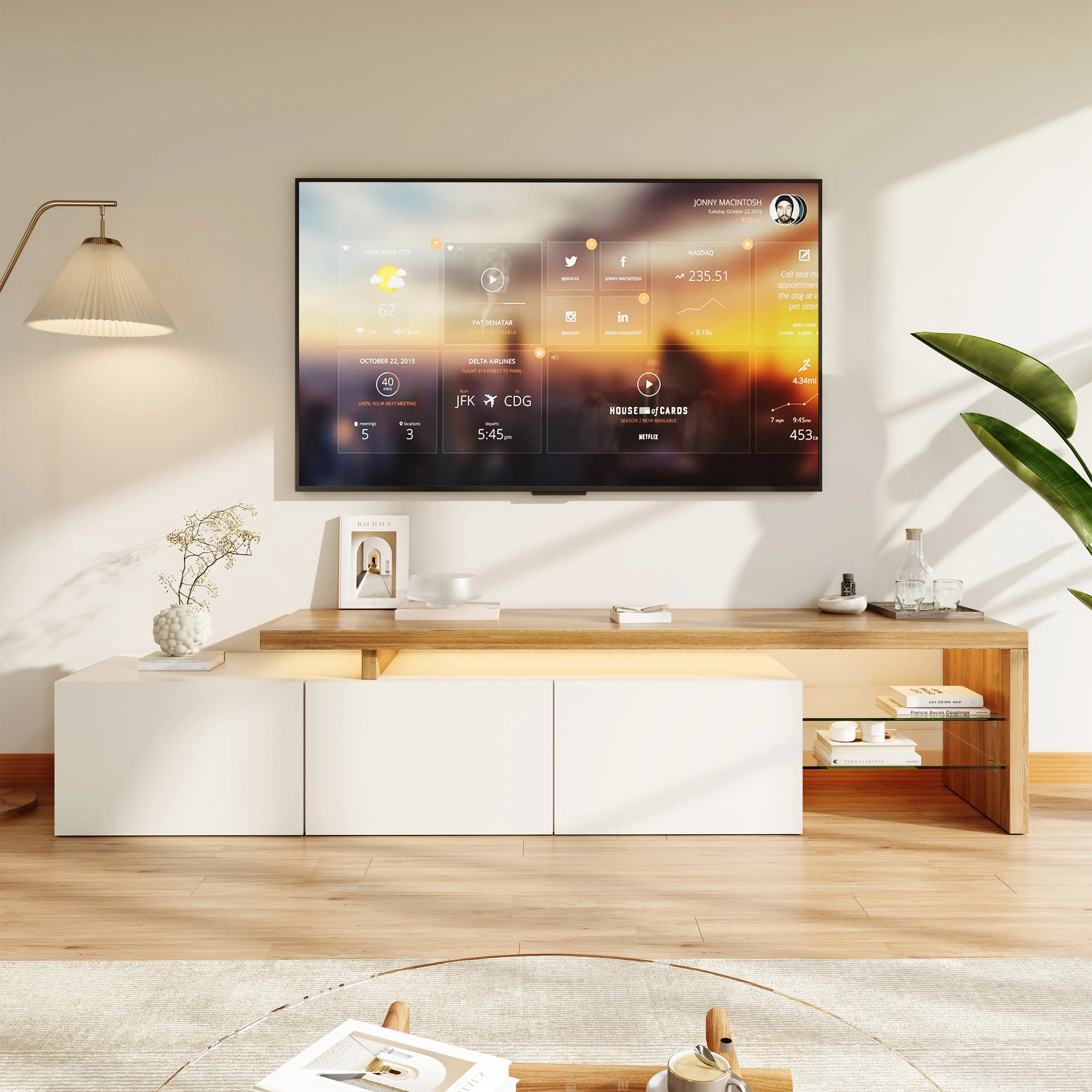 Rosahqnda Armoire TV avec LED, 200x39x42cm, meuble TV bas, meuble TV, meuble TV, commode TV, salon, salle à manger