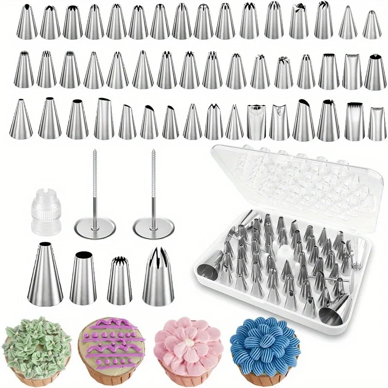 55-teiliges Kuchendekorationszubehör-Set mit 4 großen und 48 Standard-Edelstahl-Rohrspitzen, 430 Edelstahl-Glasdüsen