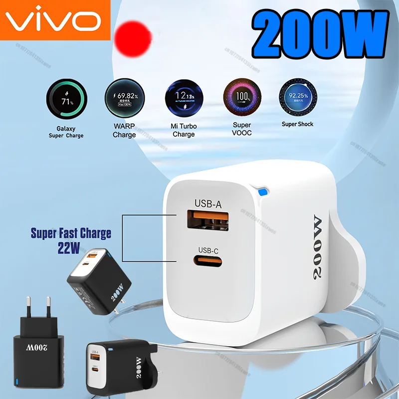VIVO 200W Schnellladekopf Multi-Port EU/US/UK Stecker Qc3.0pd USB Typ C Handy Ladekopf für iPhone Huawei Samsung Image