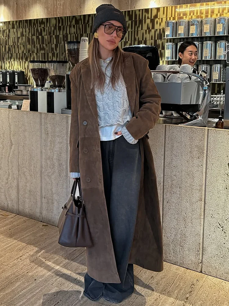Eleganter langer Wildleder-Trenchcoat für Damen, Tasche, einreihig, volle Ärmel, braun, Windjacke, 2025, Herbst, neue Dame, Straße, Oberbekleidung
